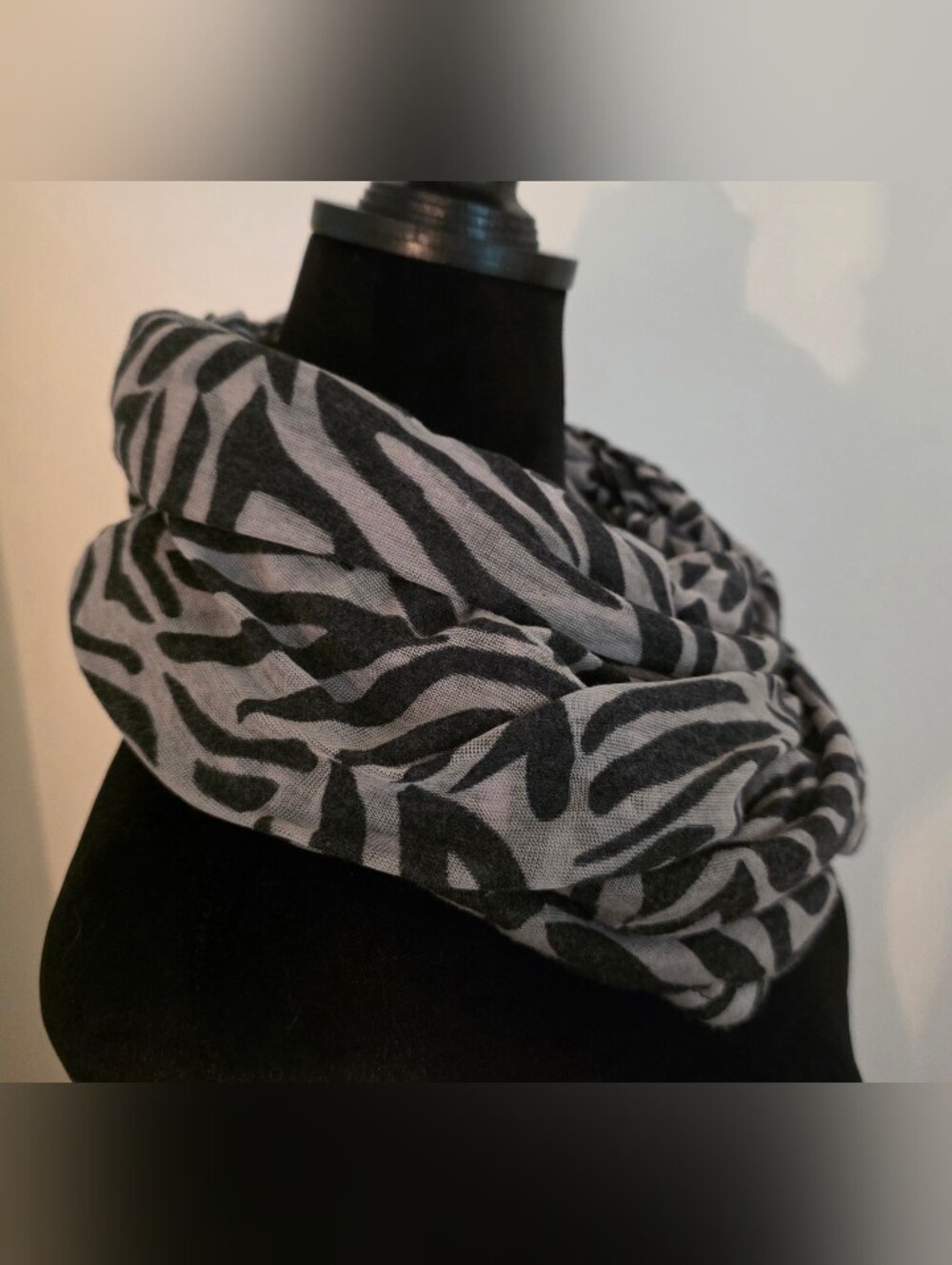 Zebra Print Infinity Loop Dark Gray w/ Silver-gray Base Background